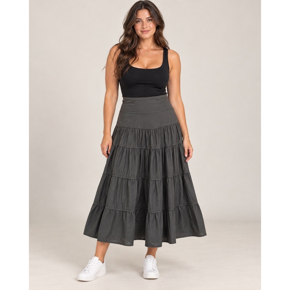 Jessica Sport Gray Tiered 100% Cotton Midi Skirt Size 12 Boho Flowy High Waisted